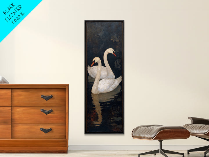 Romantic Swan Pair on Dark Water Framed Canvas Print, Master Bedroom, Wall Decal, Bedroom Decor, Watercolor Art, Sanctuary, MAS-1x3-3