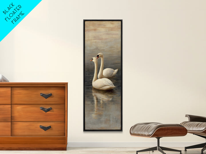 Romantic Swan Pair on Dark Water Framed Canvas Print, Master Bedroom, Neutral Decor, Bedroom Decor, Fine Art, Sanctuary, MAS-1x3-75