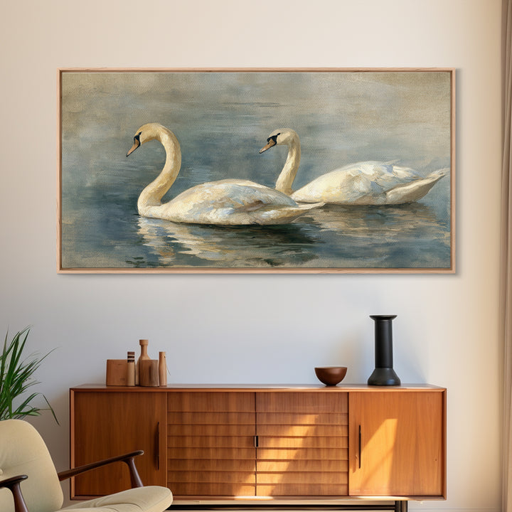 Romantic Swan Pair on Dark Water Framed Canvas Print, Master Bedroom, Living Room Prints, Bedroom Decor, Fine Art, Sanctuary, MAS-2x1-11