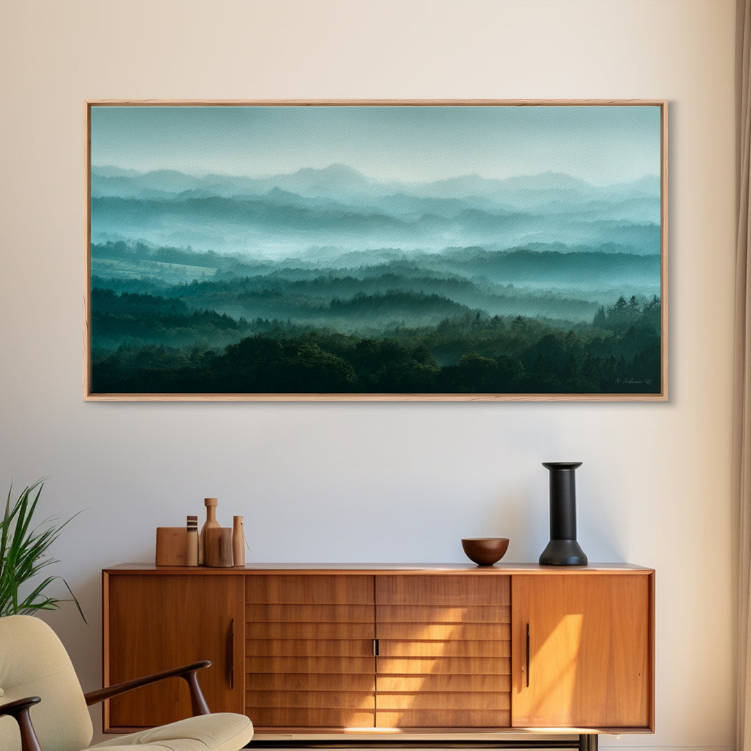 Calm Misty Forest Panorama Framed Canvas Print, Master Bedroom, Minimalist Decor, Bedroom Decor, Oil Painting, Sanctuary, MAS-2x1-24