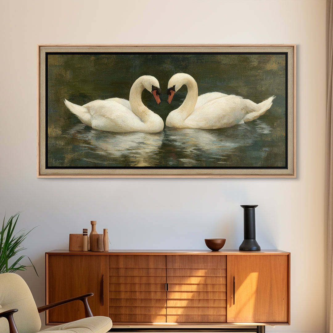 Romantic Swan Pair on Dark Water Framed Canvas Print, Master Bedroom, Wall Art, Bedroom Decor, Oil Painting, Sanctuary, MAS-2x1-35