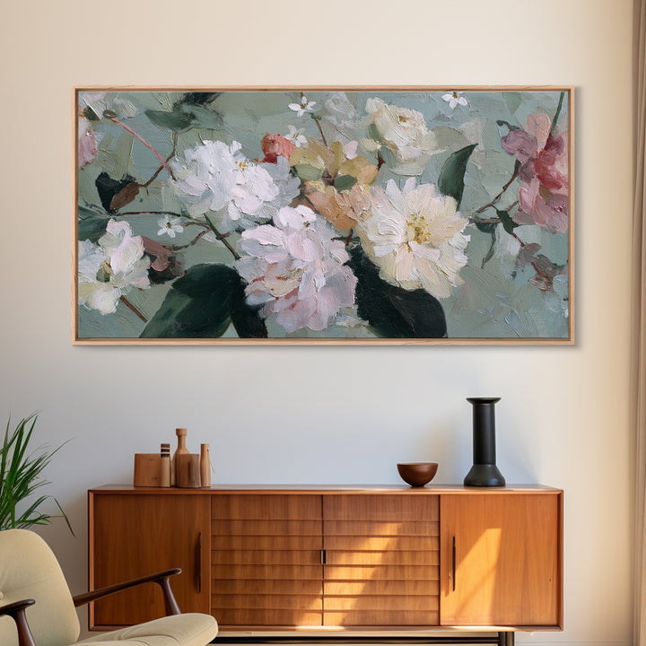 Night Garden with Pale Flowers and Stars Framed Canvas Print, Master Bedroom, Bedroom Decor, Oil Painting, Sanctuary, MAS-2x1-43