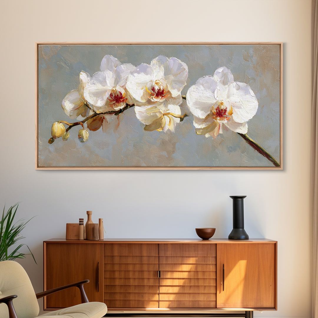 White Orchids Against Warm Gray Background Canvas Print, Master Bedroom, Farmhouse Wall Decor, Bedroom Decor, Oil Painting, MAS-2x1-53