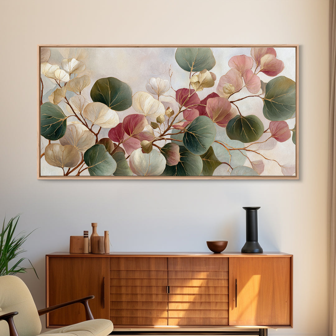 Gentle Eucalyptus Watercolor Branches Framed Canvas Print, Master Bedroom, Large Wall Art, Bedroom Decor, Fine Art, Sanctuary, MAS-2x1-56