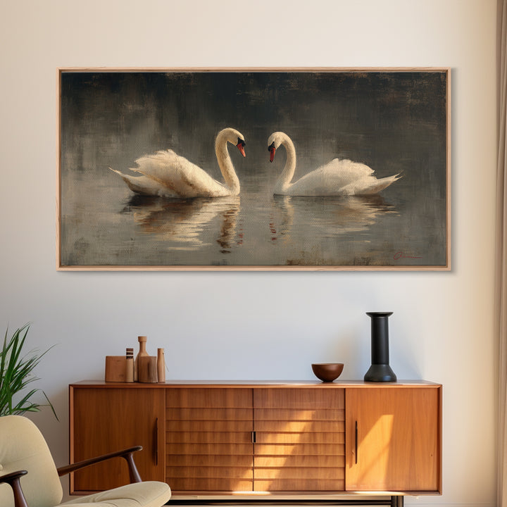 Romantic Swan Pair on Dark Water Framed Canvas Print, Master Bedroom, Bedroom, Bedroom Decor, Watercolor Art, Sanctuary, MAS-2x1-59