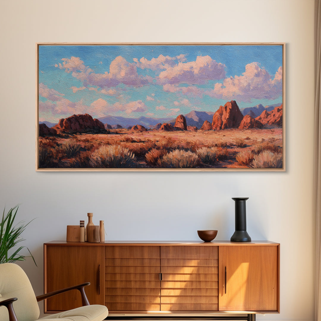 Quiet Desert Dusk Framed Canvas Print, Master Bedroom, Minimalist Decor, Bedroom Decor, Oil Painting, Sanctuary, MAS-2x1-6