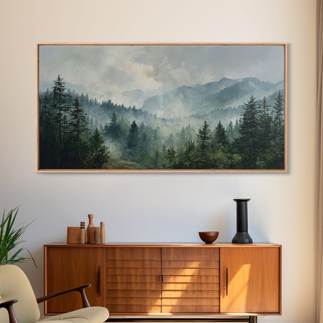 Calm Misty Forest Panorama Framed Canvas Print, Master Bedroom, Printable Art, Bedroom Decor, Sanctuary, Wall Art Bedroom, MAS-2x1-72