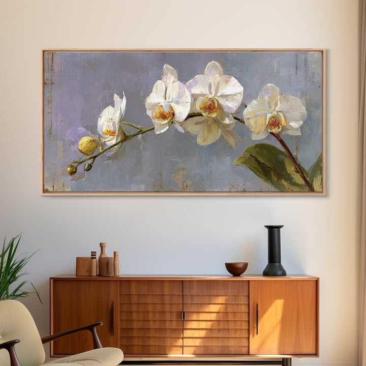 White Orchids Against Warm Gray Background Canvas Print, Master Bedroom, Farmhouse Wall Decor, Bedroom Decor, Oil Painting, MAS-2x1-77
