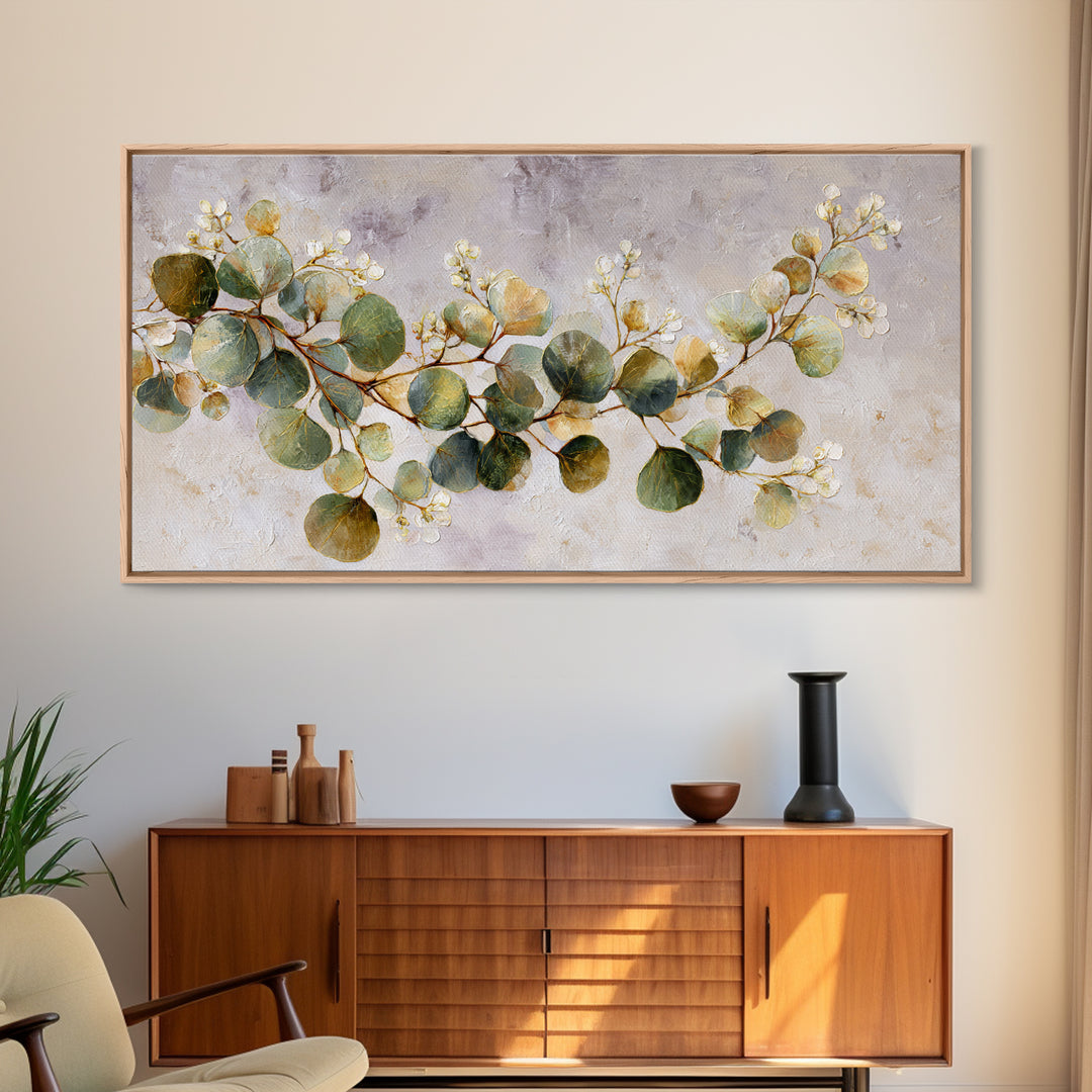 Gentle Eucalyptus Watercolor Branches Framed Canvas Print, Master Bedroom, Farmhouse Wall Art, Bedroom Decor, Oil Painting, MAS-2x1-80