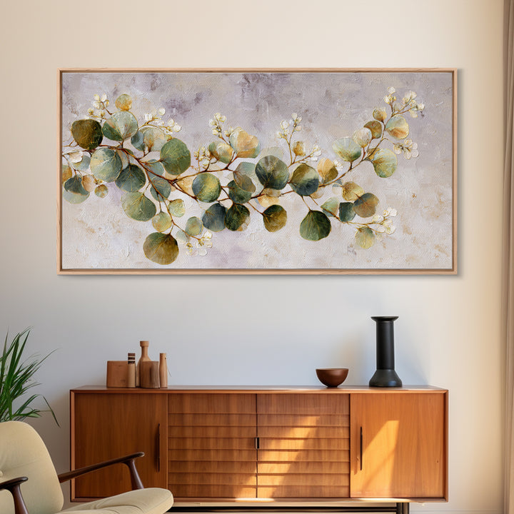 Gentle Eucalyptus Watercolor Branches Framed Canvas Print, Master Bedroom, Farmhouse Wall Art, Bedroom Decor, Oil Painting, MAS-2x1-80