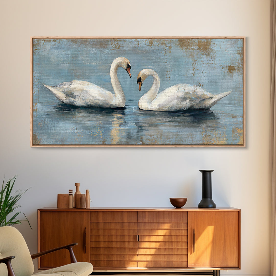 Romantic Swan Pair on Dark Water Framed Canvas Print, Master Bedroom, Art Print, Bedroom Decor, Sanctuary, Above Bed Decor, MAS-2x1-83