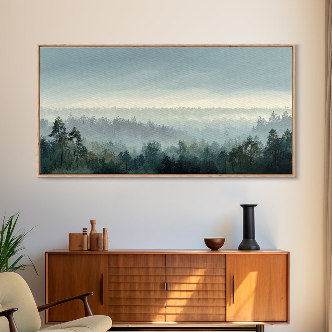 Calm Misty Forest Panorama Framed Canvas Print, Master Bedroom, Wall Decor Bedroom, Bedroom Decor, Fine Art, Sanctuary, MAS-2x1-96