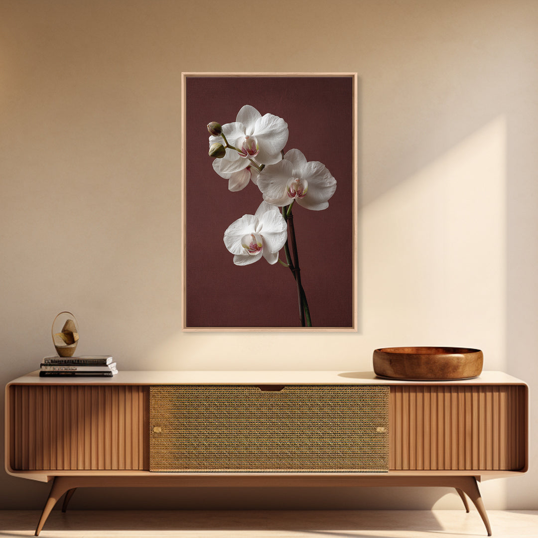 White Orchids Against Warm Gray Background Framed Canvas Print, Master Bedroom, Canvas Print, Bedroom Decor, Abstract Art, MAS-2x3-17