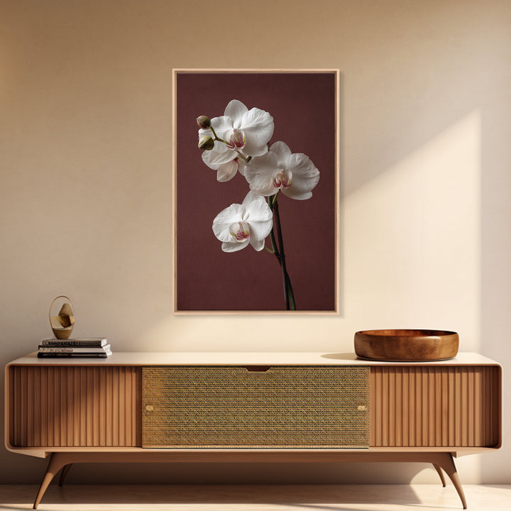 White Orchids Against Warm Gray Background Framed Canvas Print, Master Bedroom, Canvas Print, Bedroom Decor, Abstract Art, MAS-2x3-17