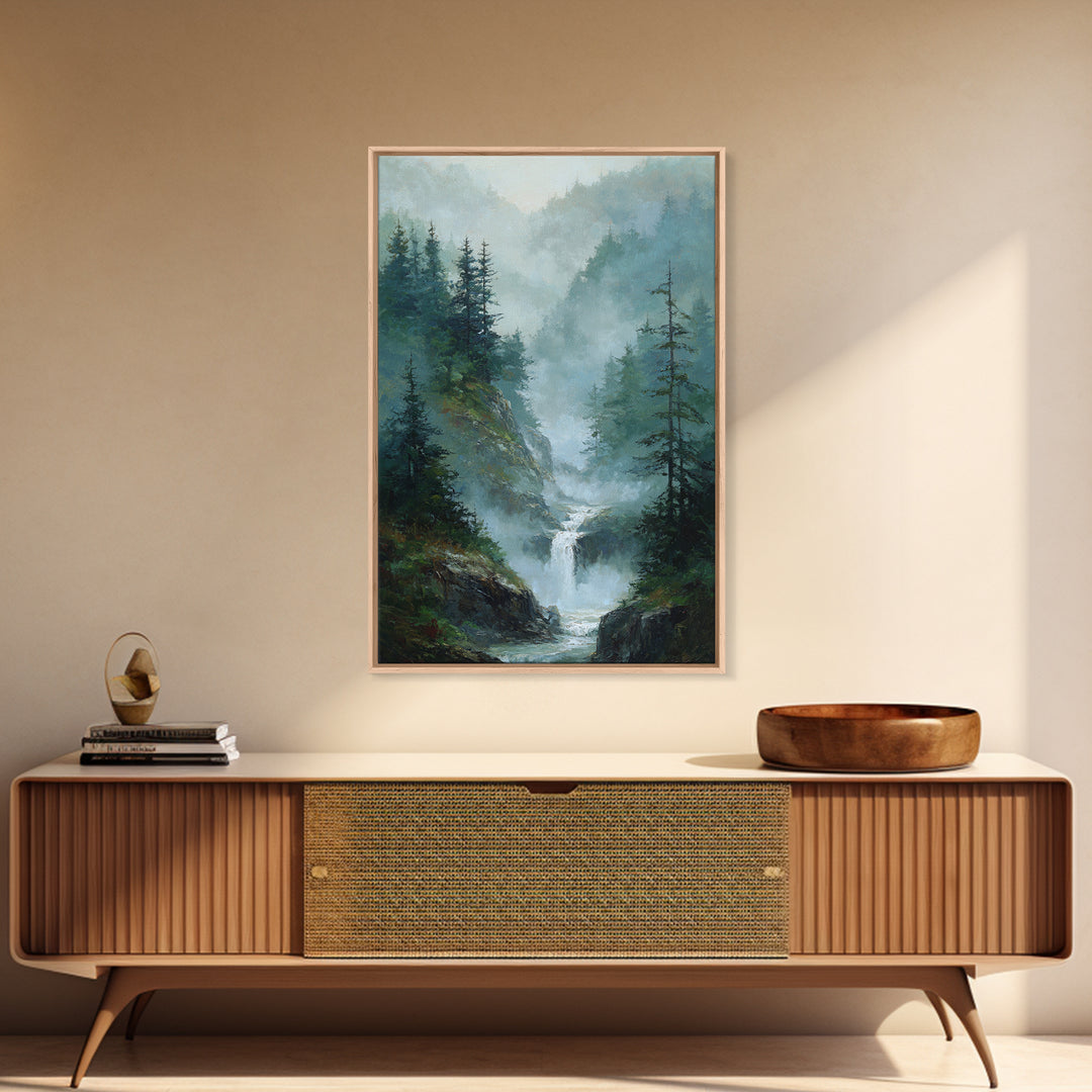 Peaceful Waterfall in Misty Green Forest Framed Canvas Print, Master Bedroom, Room Decor, Bedroom Decor, Fine Art, Sanctuary, MAS-2x3-3