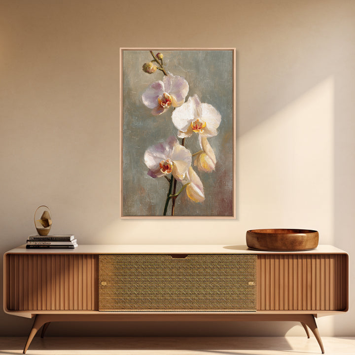 White Orchids Against Warm Gray Background Framed Canvas Print, Master Bedroom, Canvas Print, Bedroom Decor, Abstract Art, MAS-2x3-41