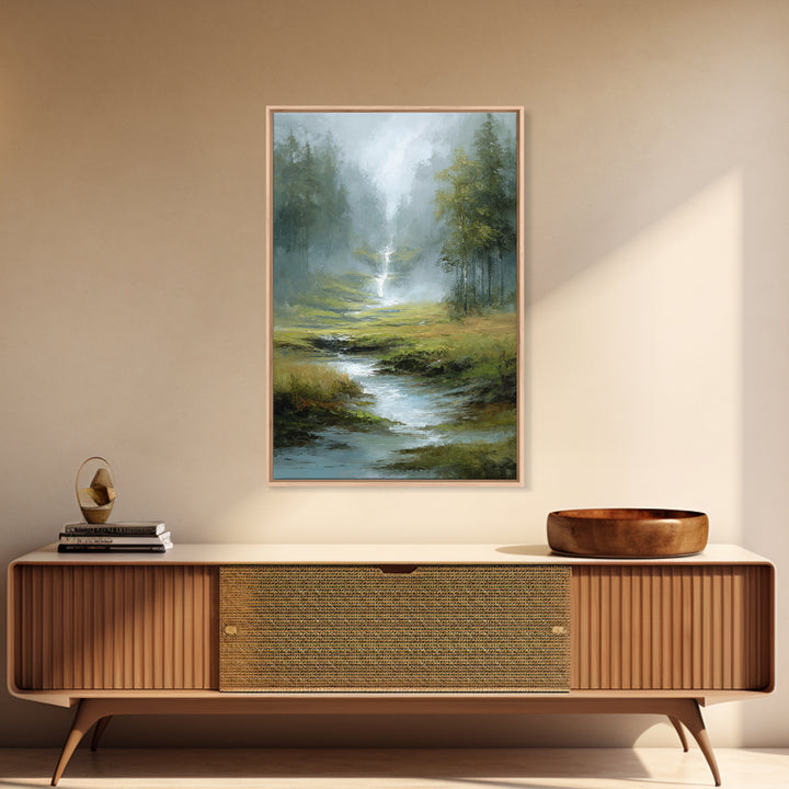 Peaceful Waterfall in Misty Green Forest Framed Canvas Print, Master Bedroom, Wedding Decor, Bedroom Decor, Fine Art, Sanctuary, MAS-2x3-51