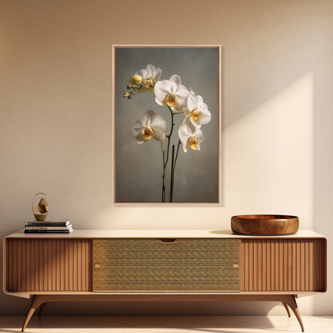 White Orchids Against Warm Gray Background Canvas Print, Master Bedroom, Farmhouse Wall Art, Bedroom Decor, Fine Art, Sanctuary, MAS-2x3-65
