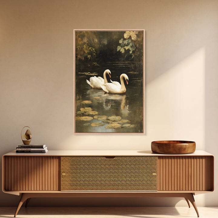 Romantic Swan Pair on Dark Water Canvas Print, Master Bedroom, Over Bed Wall Art, Bedroom Decor, Oil Painting, Sanctuary, MAS-2x3-95