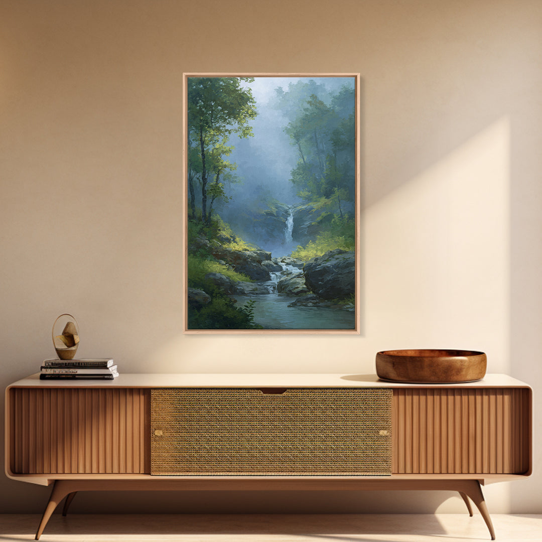 Peaceful Waterfall in Misty Green Forest Canvas Print, Master Bedroom, Above Bed Wall Art, Bedroom Decor, Fine Art, Sanctuary, MAS-2x3-99