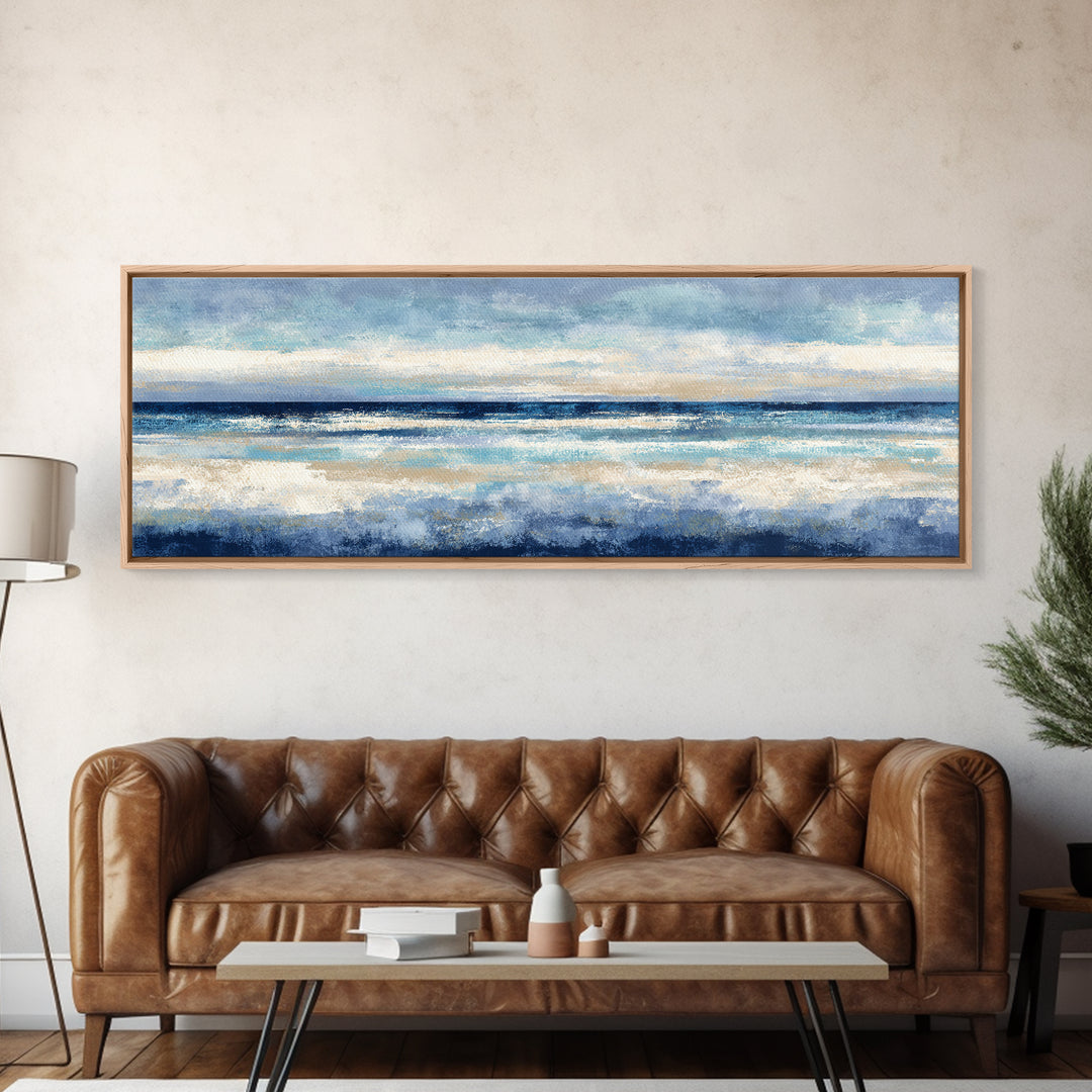 Elegant Moonlit Ocean Horizon Framed Canvas Print, Master Bedroom, Above Bed Wall Art, Bedroom Decor, Fine Art, Sanctuary, MAS-3x1-17