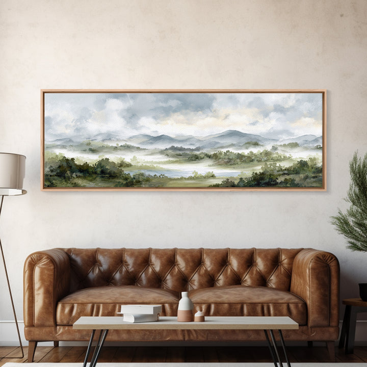 Calm Misty Forest Panorama Canvas Print, Master Bedroom, Above Bed Wall Decor, Bedroom Decor, Oil Painting, Sanctuary, MAS-3x1-20