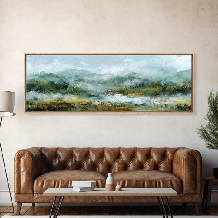 Peaceful Waterfall in Misty Green Forest Canvas Print, Master Bedroom, Minimalist Decor, Bedroom Decor, Oil Painting, Sanctuary, MAS-3x1-35