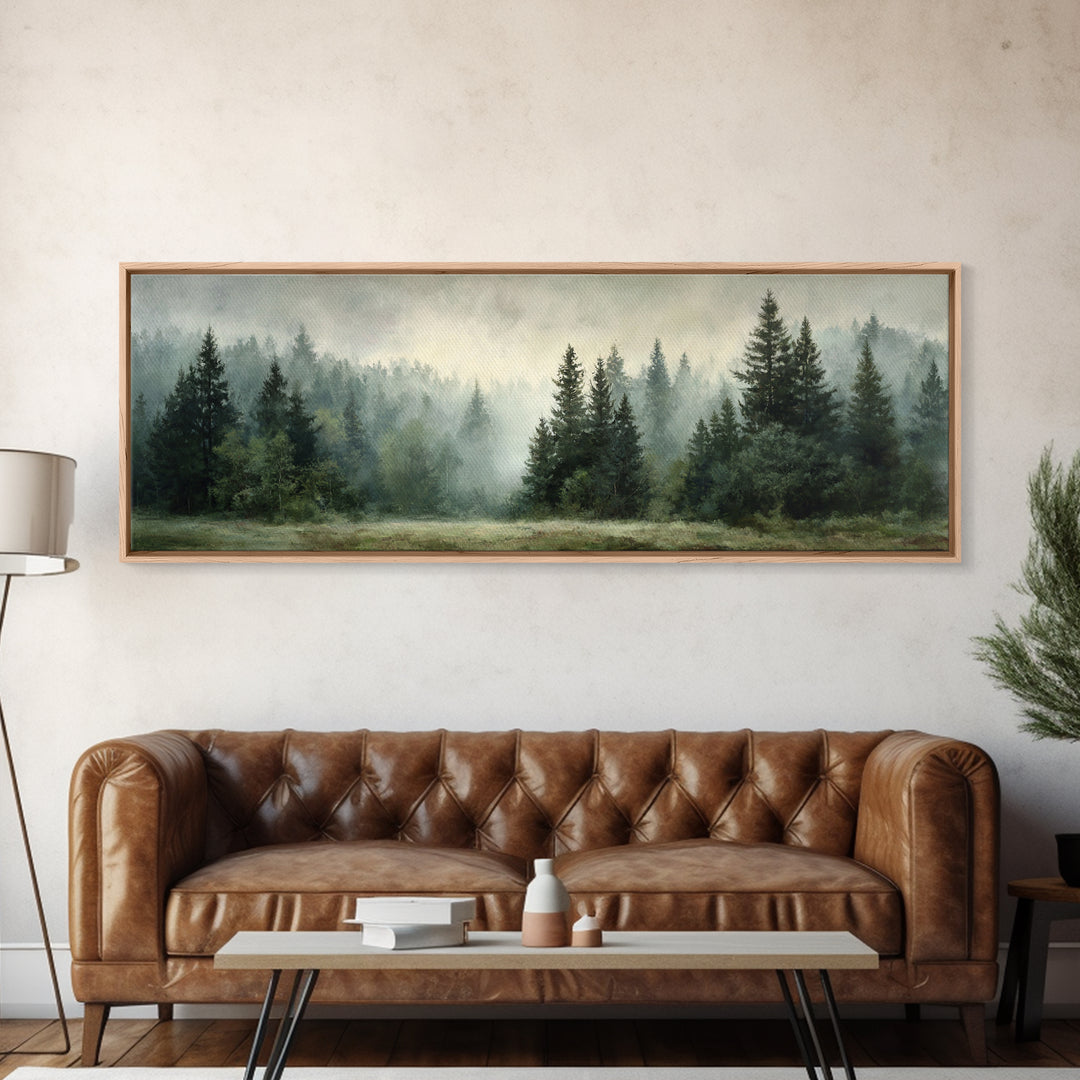 Calm Misty Forest Panorama Framed Canvas Print, Master Bedroom, Modern Decor, Bedroom Decor, Fine Art, Sanctuary, Wall Decor, MAS-3x1-44