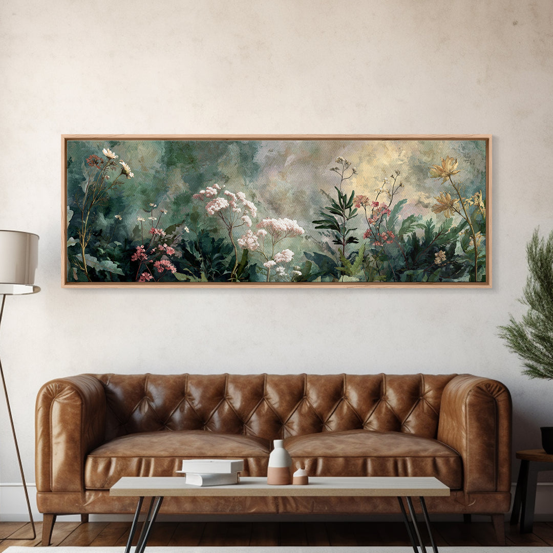 Dreamy Celestial Moon and Botanical Composition Framed Canvas Print, Master Bedroom, Bedroom Decor, Oil Painting, Sanctuary, MAS-3x1-51