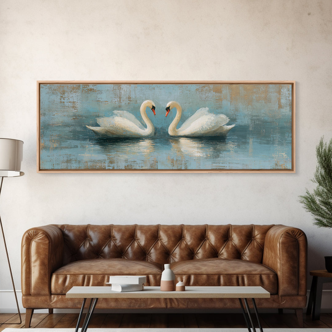 Romantic Swan Pair on Dark Water Framed Canvas Print, Master Bedroom, Art Print, Bedroom Decor, Sanctuary, Above Bed Decor, MAS-3x1-55