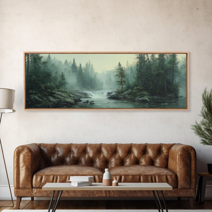 Peaceful Waterfall in Misty Green Forest Framed Canvas Print, Master Bedroom, Printable Wall Art, Bedroom Decor, Sanctuary, MAS-3x1-59