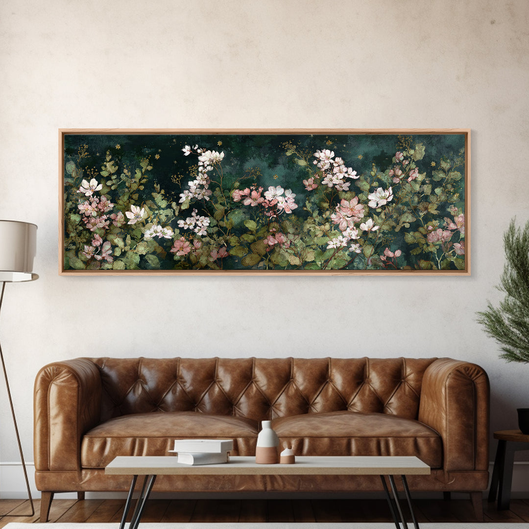 Night Garden with Pale Flowers and Stars Framed Canvas Print, Master Bedroom, Bedroom Decor, Watercolor Art, Sanctuary, MAS-3x1-63