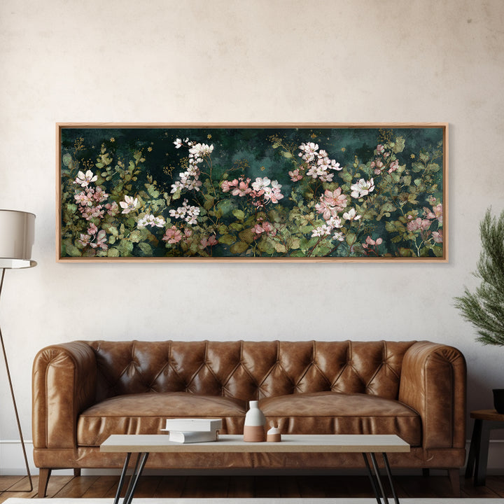 Night Garden with Pale Flowers and Stars Framed Canvas Print, Master Bedroom, Bedroom Decor, Watercolor Art, Sanctuary, MAS-3x1-63