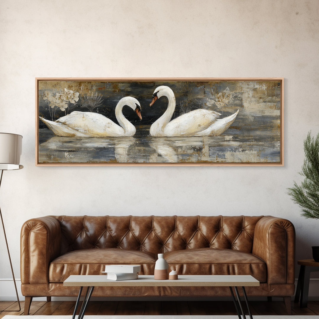 Romantic Swan Pair on Dark Water Framed Canvas Print, Master Bedroom, Statement Artwork, Bedroom Decor, Fine Art, Sanctuary, MAS-3x1-7