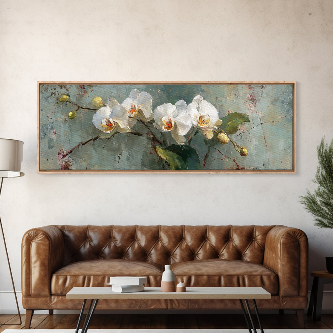 White Orchids Against Warm Gray Background Framed Canvas Print, Master Bedroom, Neutral Decor, Bedroom Decor, Sanctuary, MAS-3x1-73