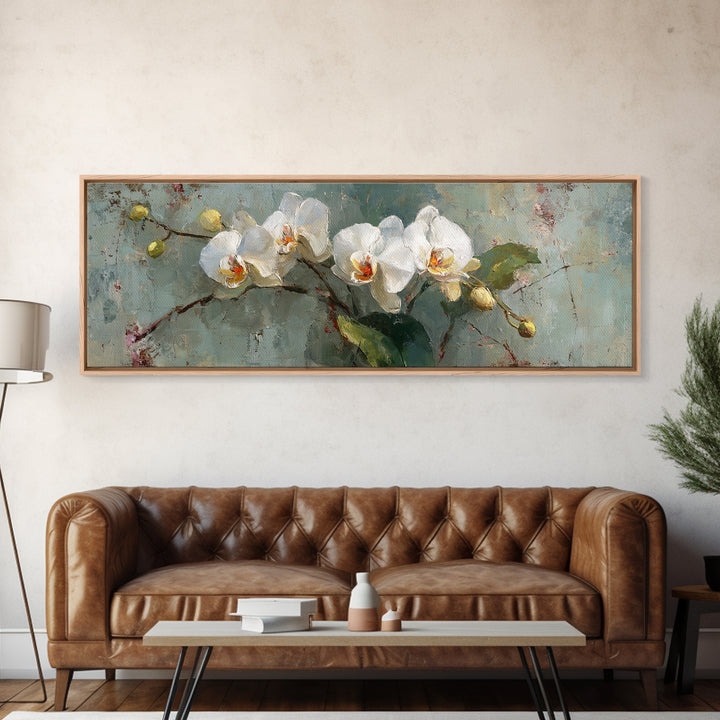 White Orchids Against Warm Gray Background Framed Canvas Print, Master Bedroom, Neutral Decor, Bedroom Decor, Sanctuary, MAS-3x1-73