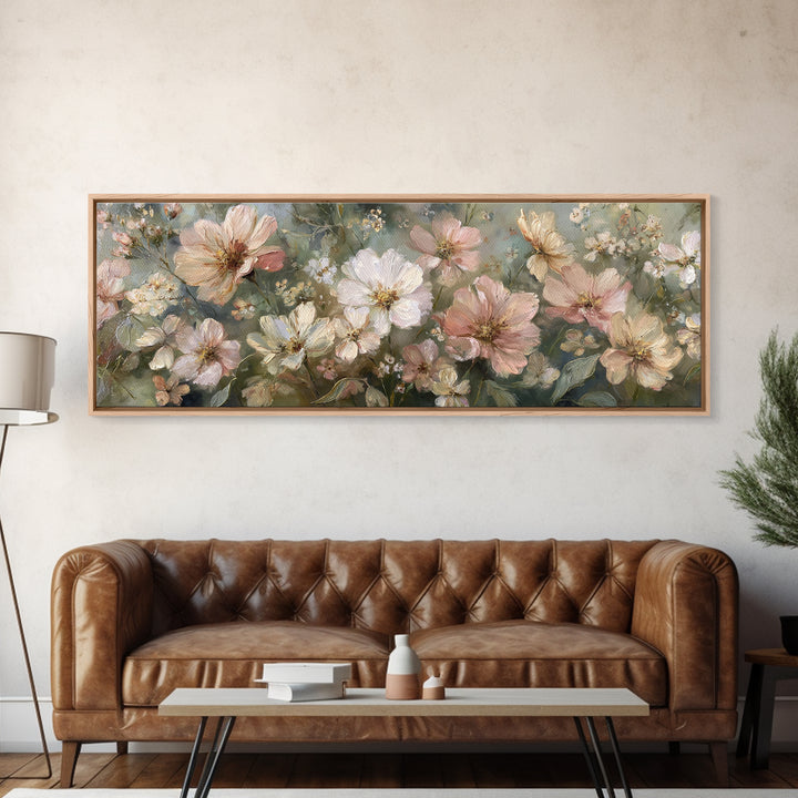 Night Garden with Pale Flowers and Stars Framed Canvas Print, Master Bedroom, Farmhouse Decor, Bedroom Decor, Sanctuary, MAS-3x1-87