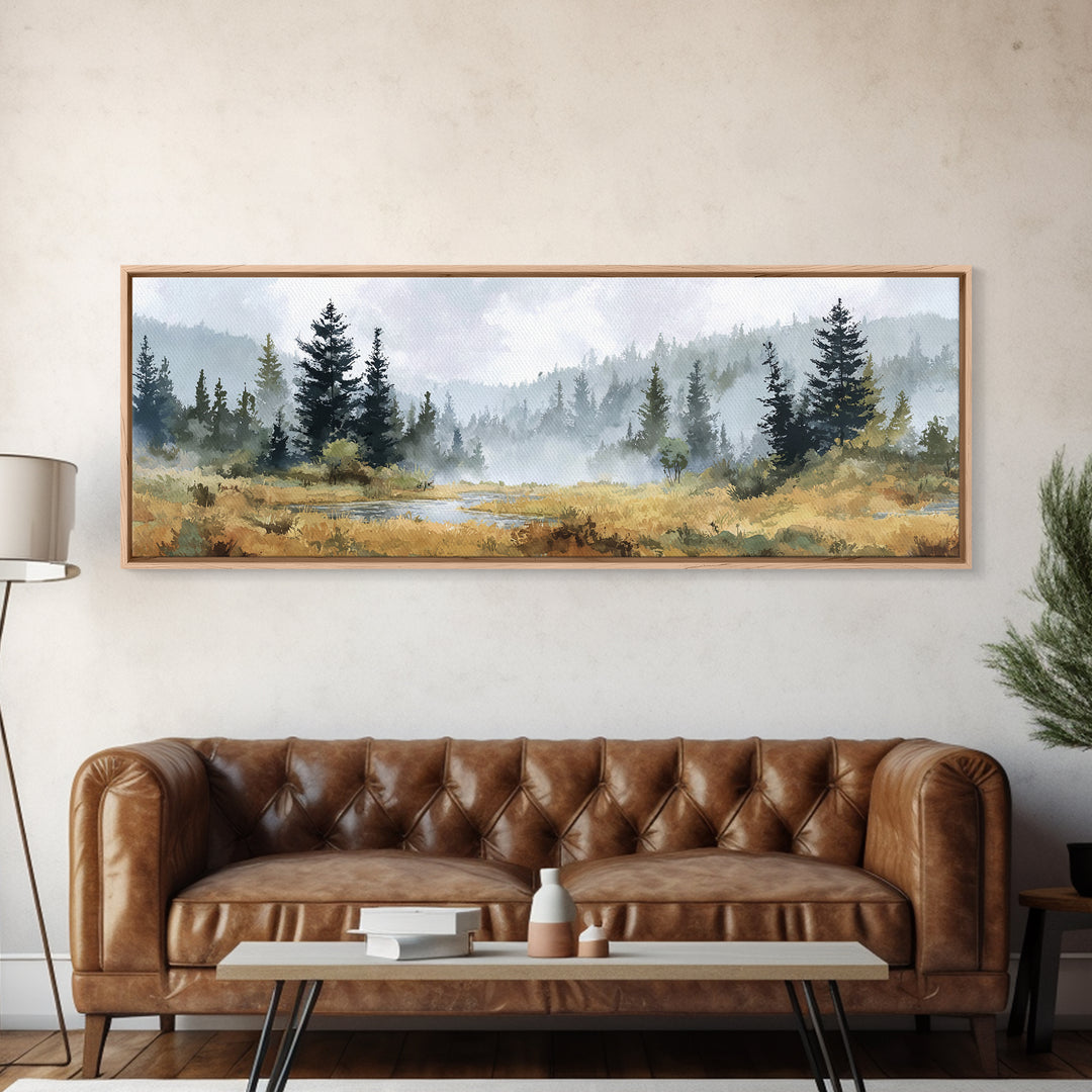 Calm Misty Forest Panorama Canvas Print, Master Bedroom, Wedding Decor, Bedroom Decor, Fine Art, Sanctuary, Rustic Home Decor, MAS-3x1-92