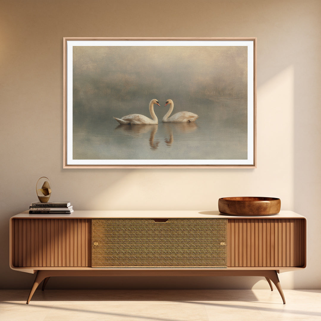 Romantic Swan Pair on Dark Water Framed Canvas Print, Master Bedroom, Statement Artwork, Bedroom Decor, Fine Art, Sanctuary, MAS-3x2-19