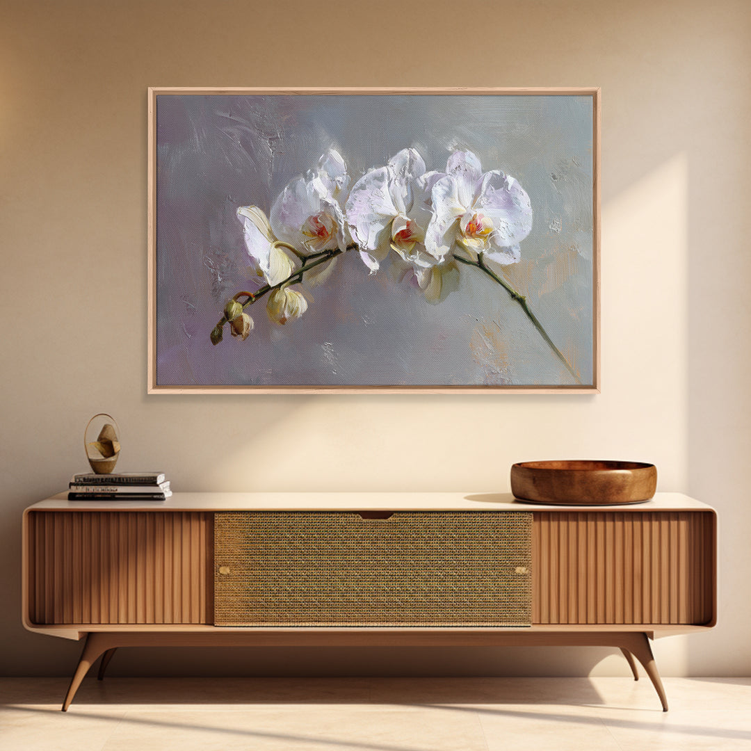 White Orchids Against Warm Gray Background Canvas Print, Master Bedroom, Over Bed Wall Art, Bedroom Decor, Oil Painting, MAS-3x2-37