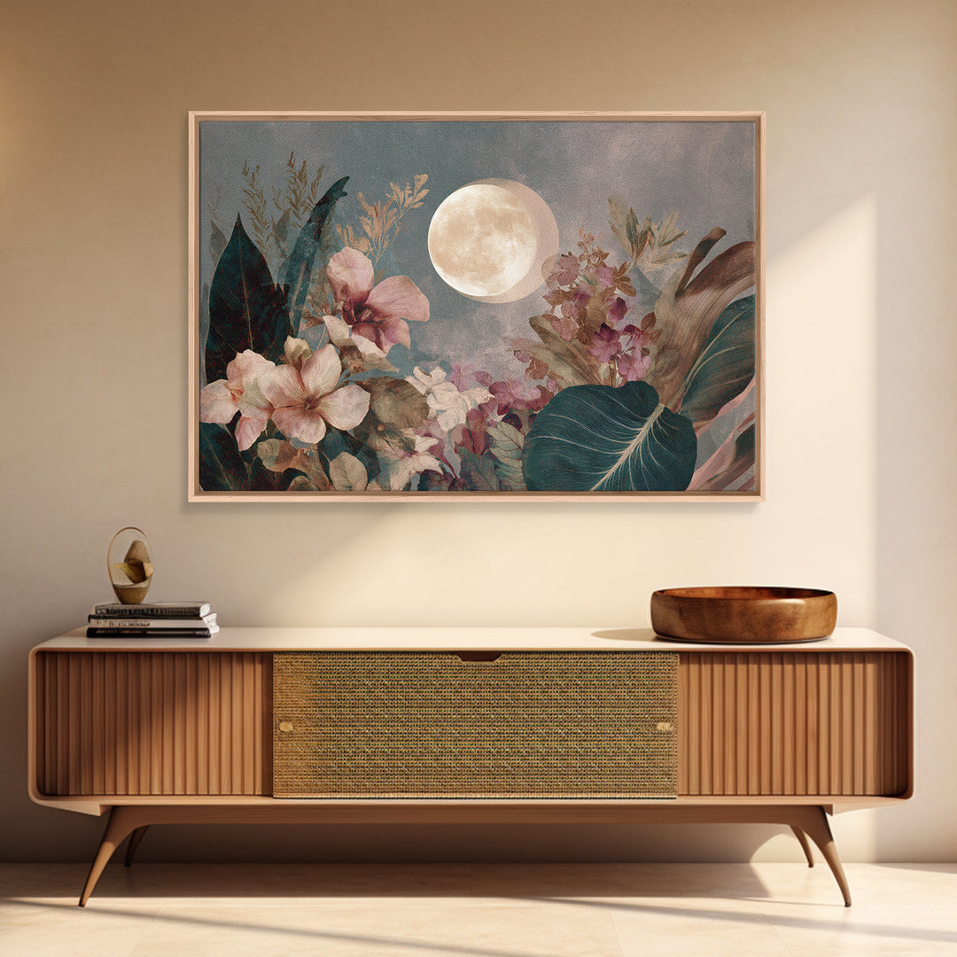 Dreamy Celestial Moon and Botanical Composition Canvas Print, Master Bedroom, Contemporary Art, Bedroom Decor, Sanctuary, MAS-3x2-39