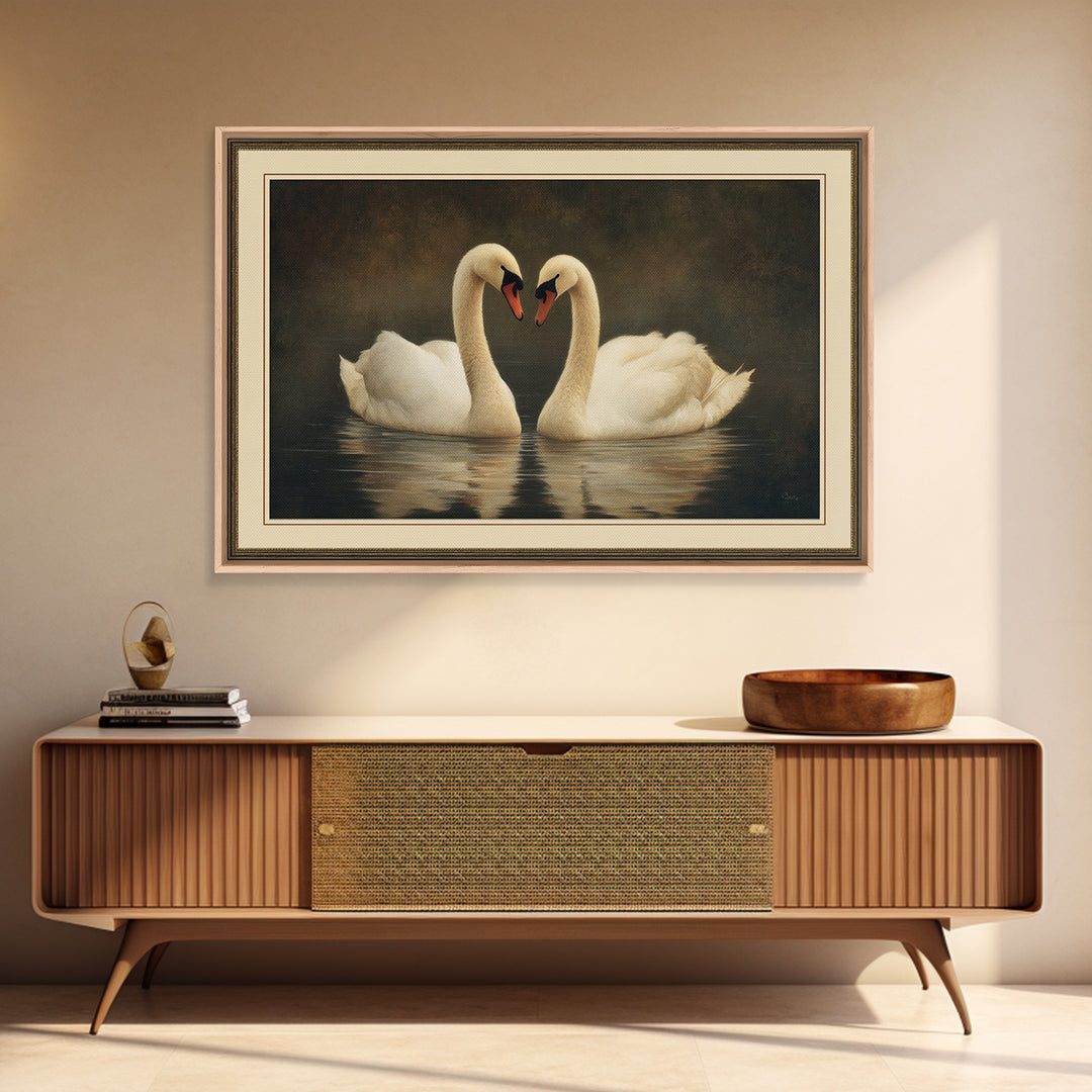 Romantic Swan Pair on Dark Water Canvas Print, Master Bedroom, Wall Decal, Bedroom Decor, Watercolor Art, Sanctuary, MAS-3x2-67