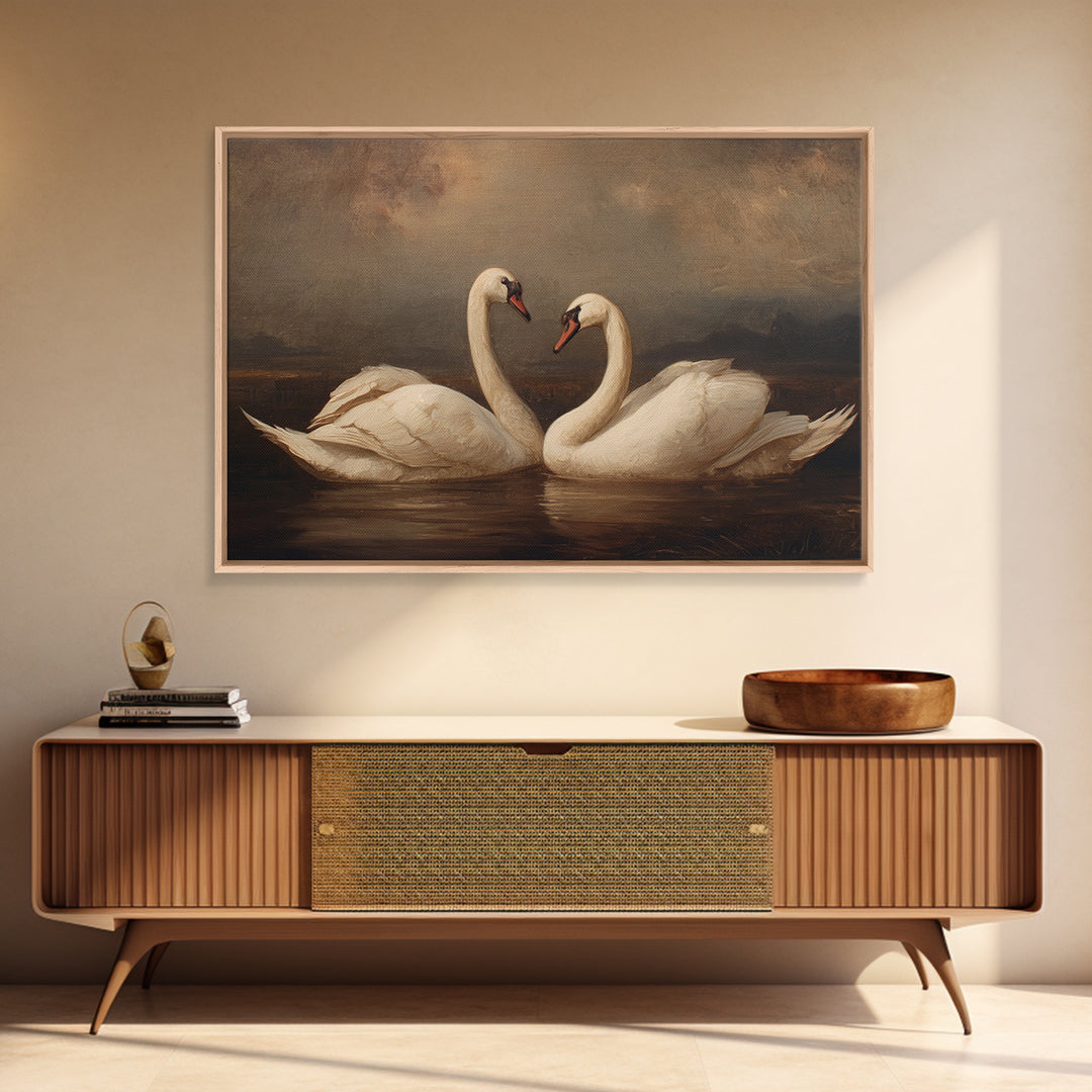 Romantic Swan Pair on Dark Water Framed Canvas Print, Master Bedroom, Farmhouse Wall Decor, Bedroom Decor, Oil Painting, MAS-3x2-91