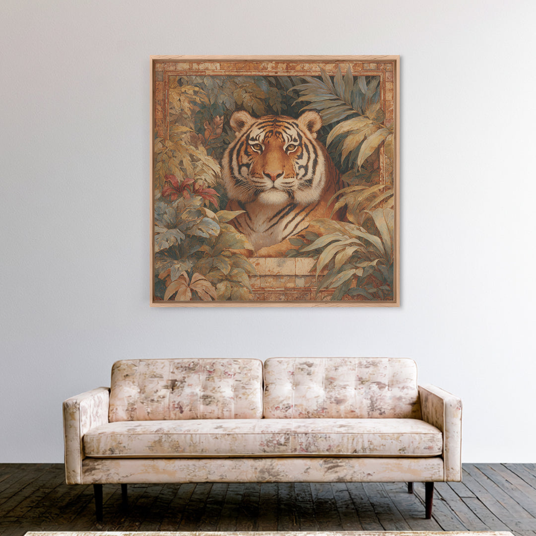 Bold Patterned Tiger Surrounded by Tropical Leaves Canvas Print, Maximalist Art, Moody Wall Art, Living Room Decor, Maximal, MAX-1x1-26