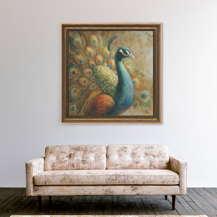 Dramatic Peacock with Oversized Feather Pattern Framed Canvas Print, Maximalist Art, Gallery Decor, Living Room Decor, Maximal, MAX-1x1-32