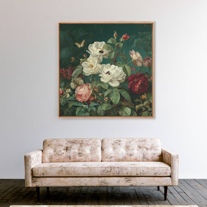 Lush Garden Wall of Roses Palms and Framed Canvas Print, Maximalist Art, Gallery Decor, Living Room Decor, Fine Art, Maximal, MAX-1x1-38
