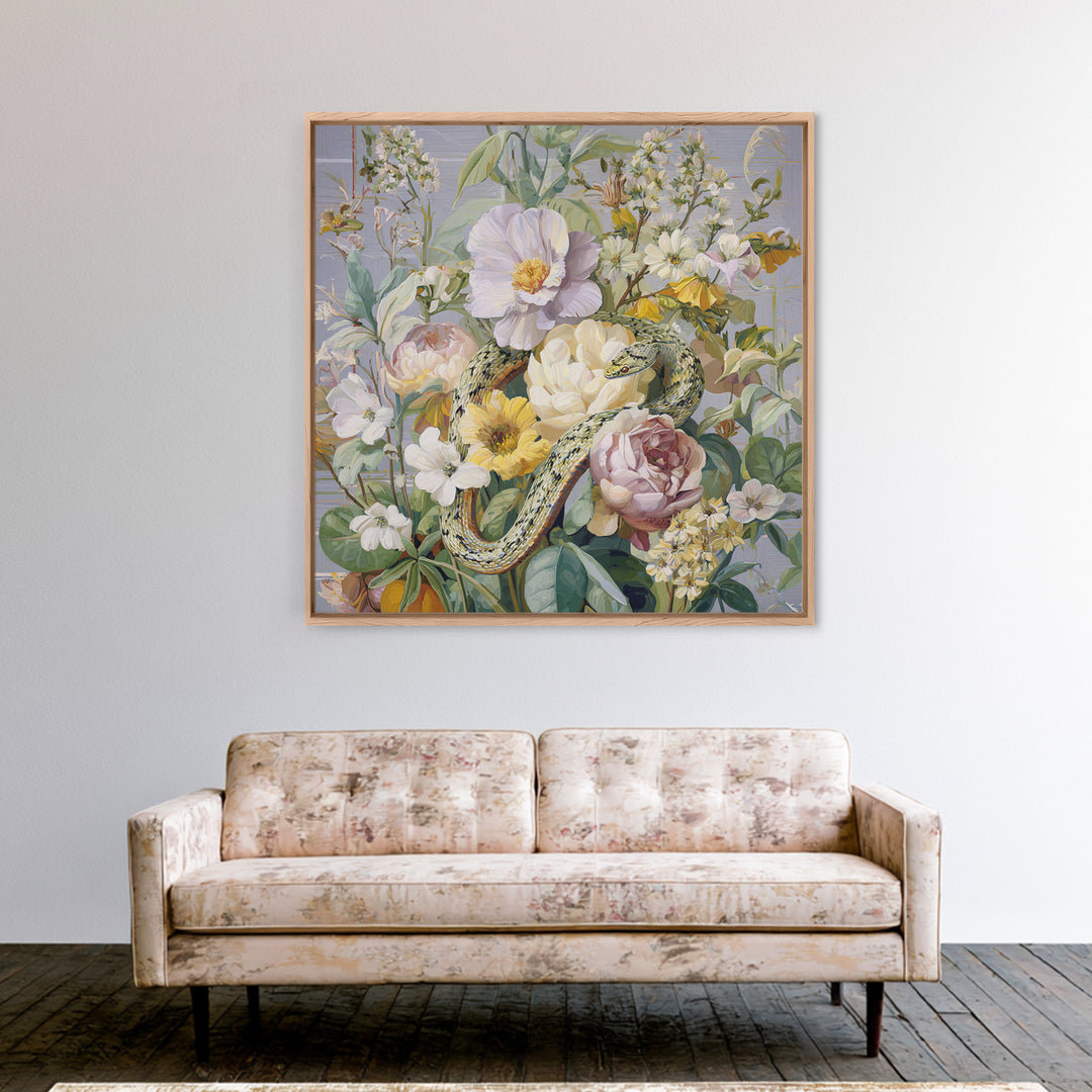 Highly Patterned Snake and Flower Composition Framed Canvas Print, Maximalist Art, Boho Decor, Living Room Decor, Maximal, MAX-1x1-61