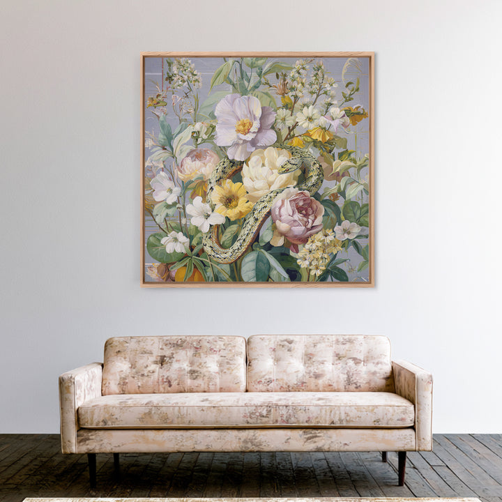 Highly Patterned Snake and Flower Composition Framed Canvas Print, Maximalist Art, Boho Decor, Living Room Decor, Maximal, MAX-1x1-61