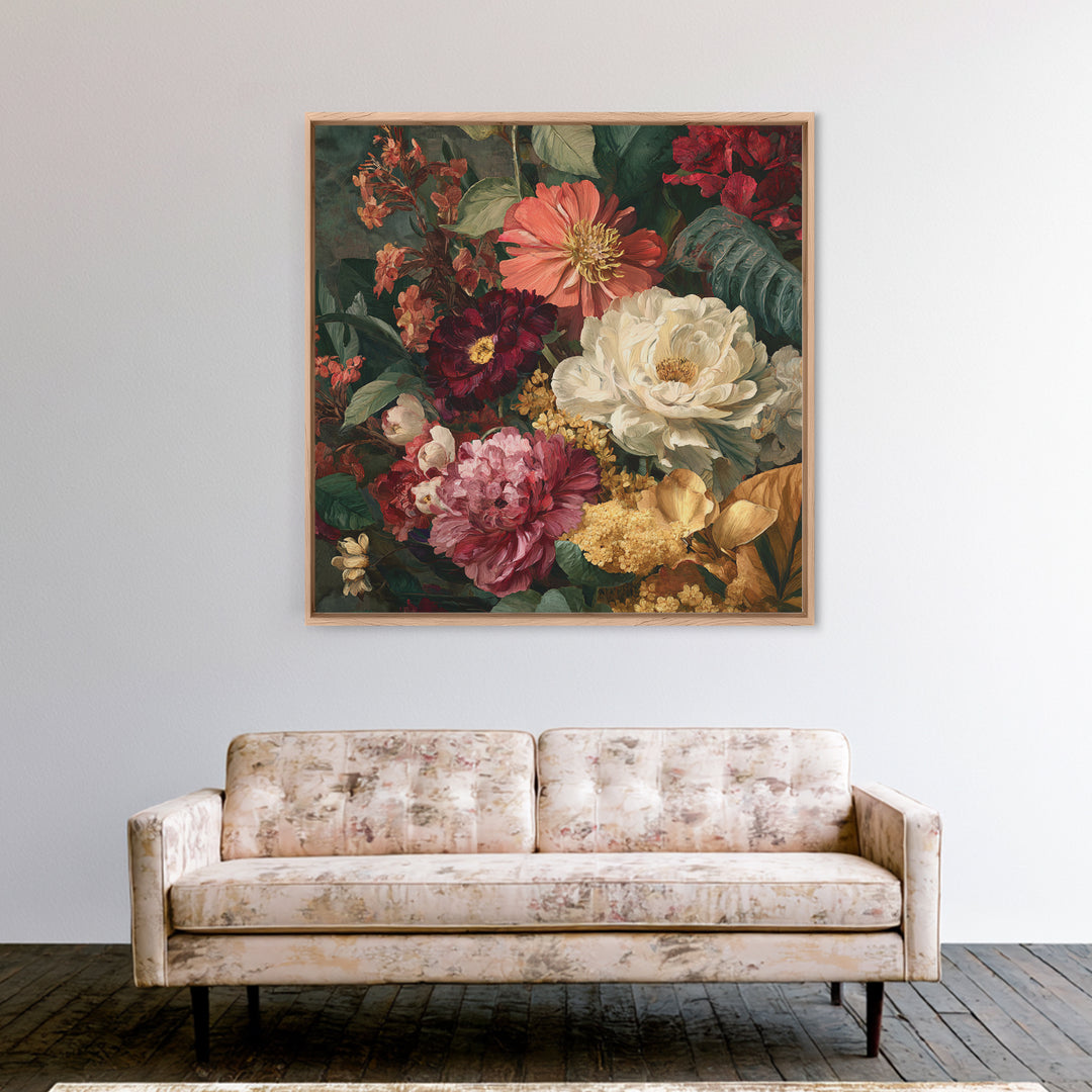 Crowded Botanical Tapestry Framed Canvas Print, Maximalist Art, Digital Print, Living Room Decor, Oil Painting, Maximal, MAX-1x1-7