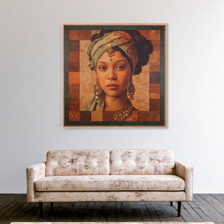 Ornate Portrait with Layered Textiles and Jewels Canvas Print, Maximalist Art, Retro Wall Art, Living Room Decor, Oil Painting, MAX-1x1-76